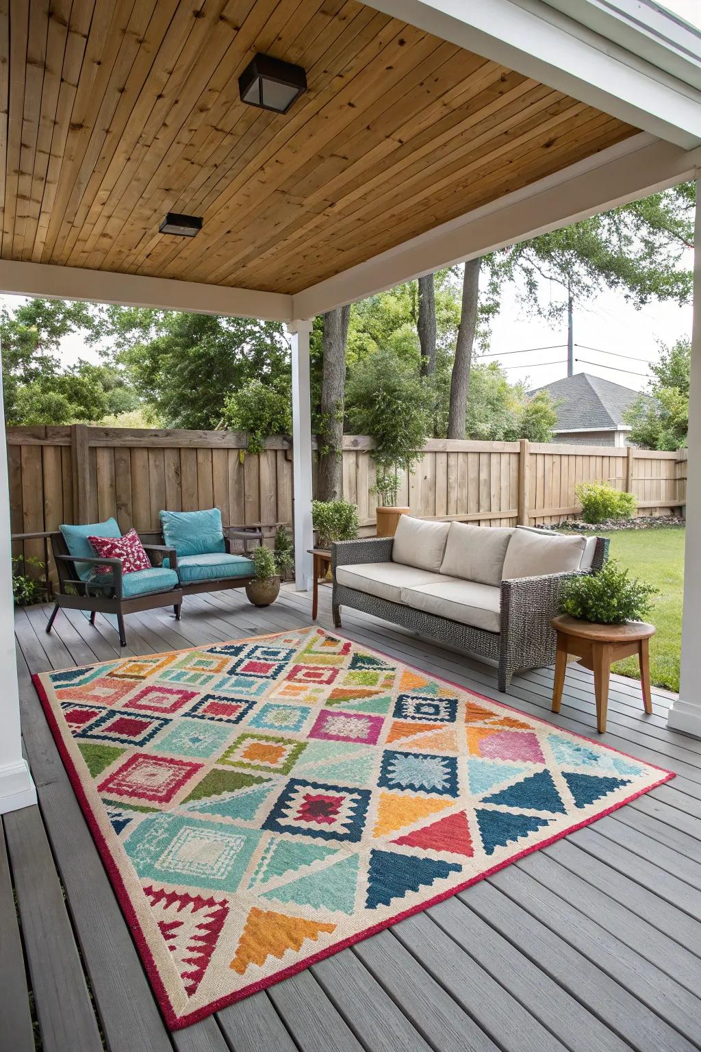A statement rug injects character and delineates your porch space.