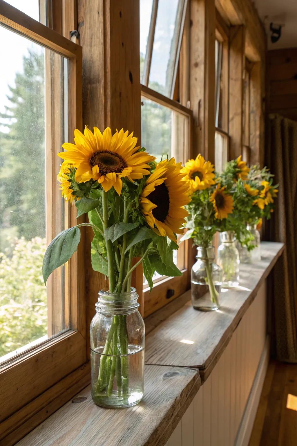 Infuse country charm into your kitchen with sunflowers in jars.