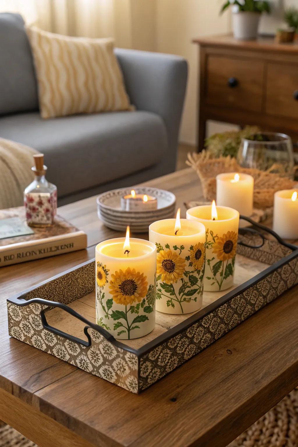 Sunflower-scented candles creating a warm ambiance.