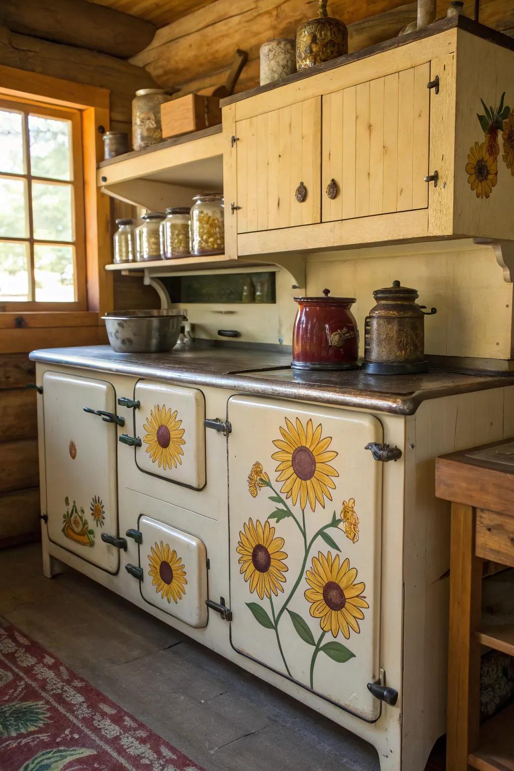 Rustic cabinets paired with sunflower motifs create a nostalgic vibe.