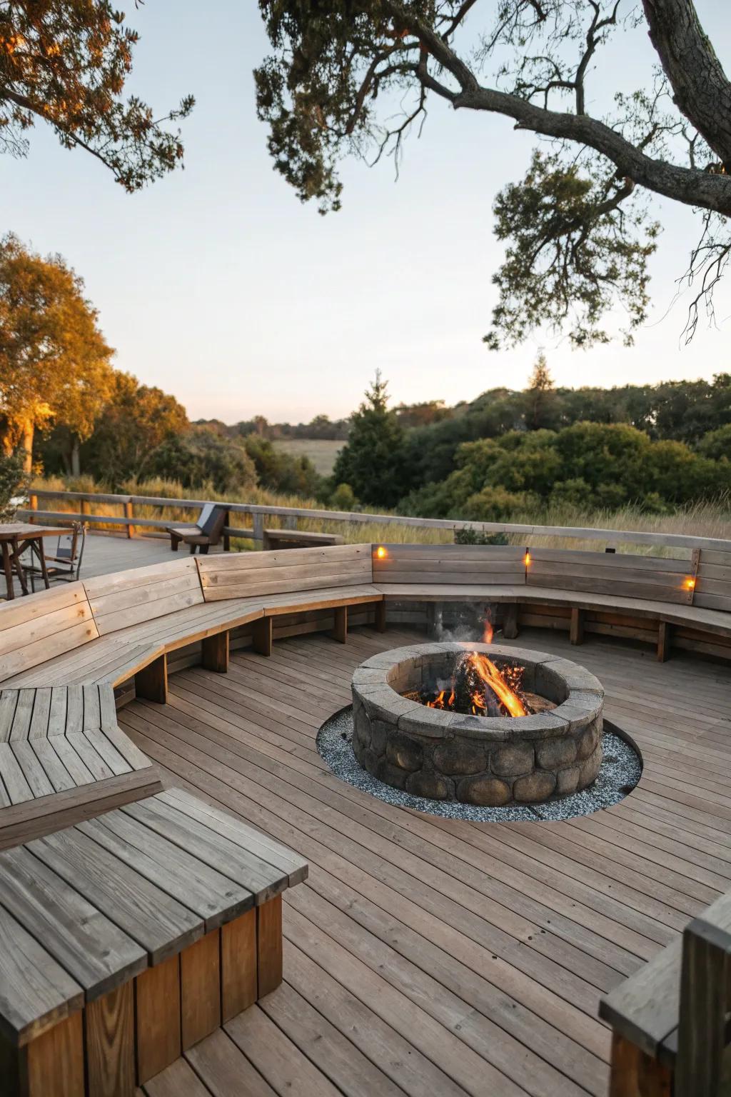 Woodland accents enhance the heat of this below-ground fire pit.