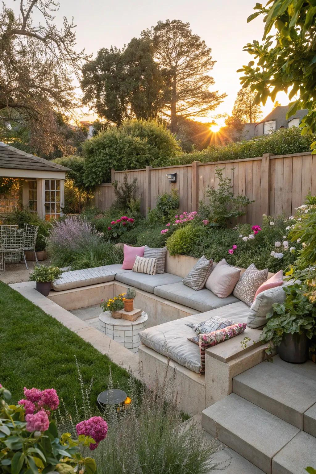 Integrated seating areas make this sunken garden inviting.