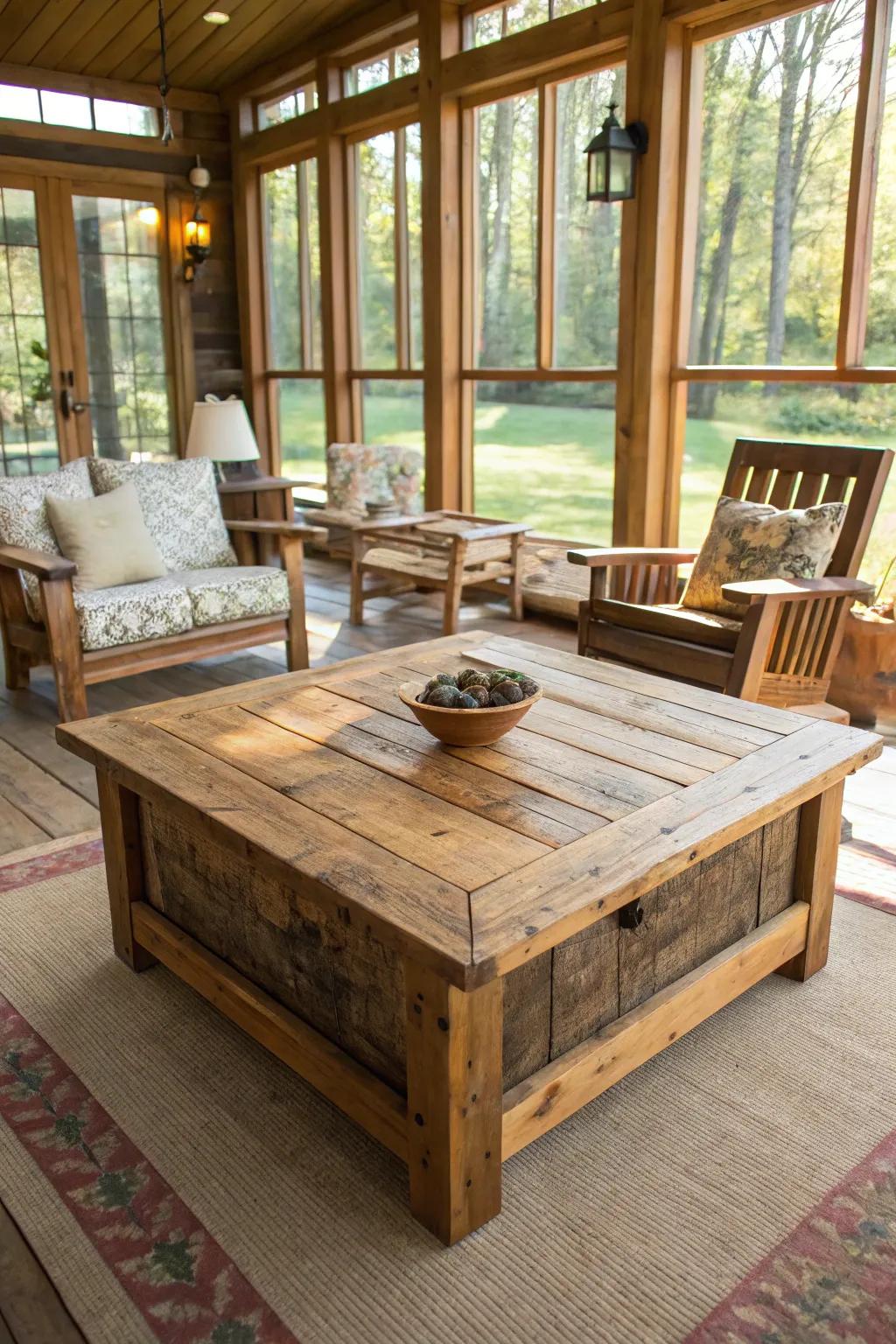 The warmth of this sunroom is enhanced by rustic wooden touches.