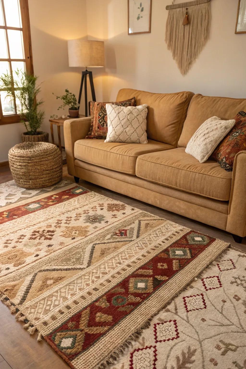 Layered rugs enhance the visual appeal of a living room.