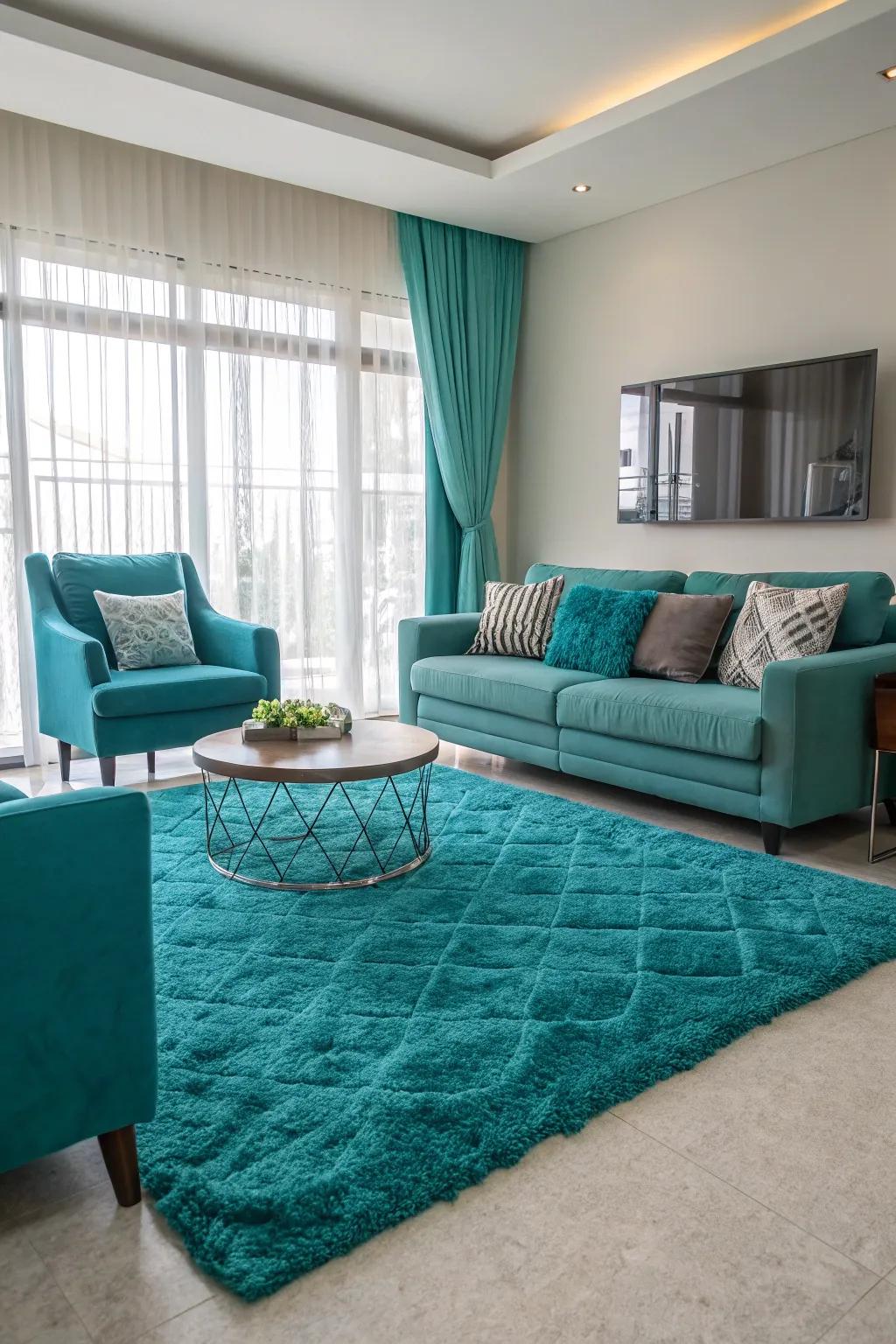 A teal rug adds texture and color, grounding this stylish living room.