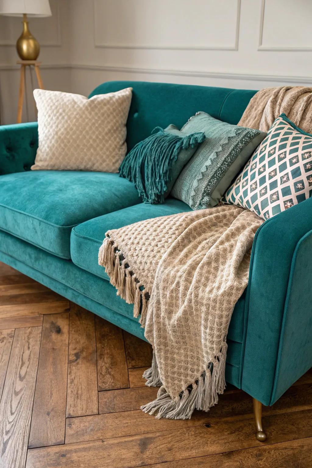 Layering textures around a teal sofa creates a rich and inviting space.
