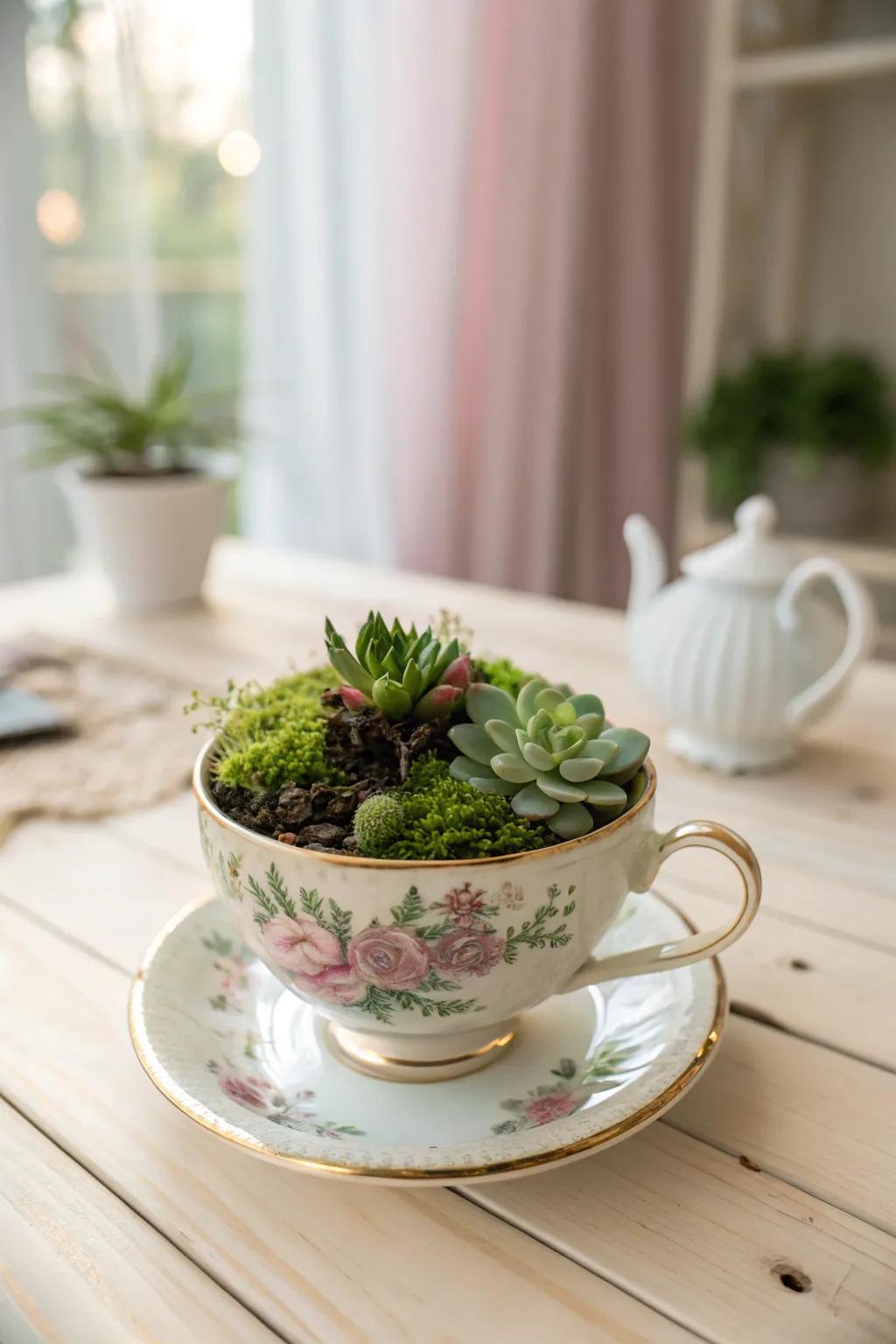 Transform your mismatched teacups into charming terrariums for a whimsical touch of greenery in your kitchen.