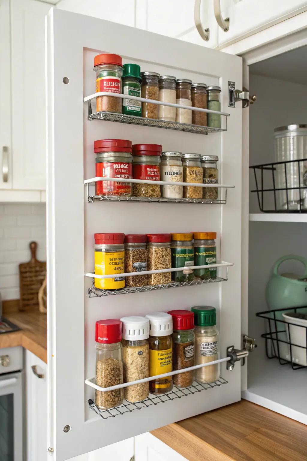 Innovative door storage for spices and smaller kitchen items.