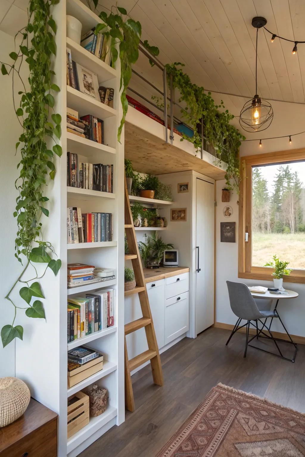 Vertical storage solutions keep the floor clear and organized.