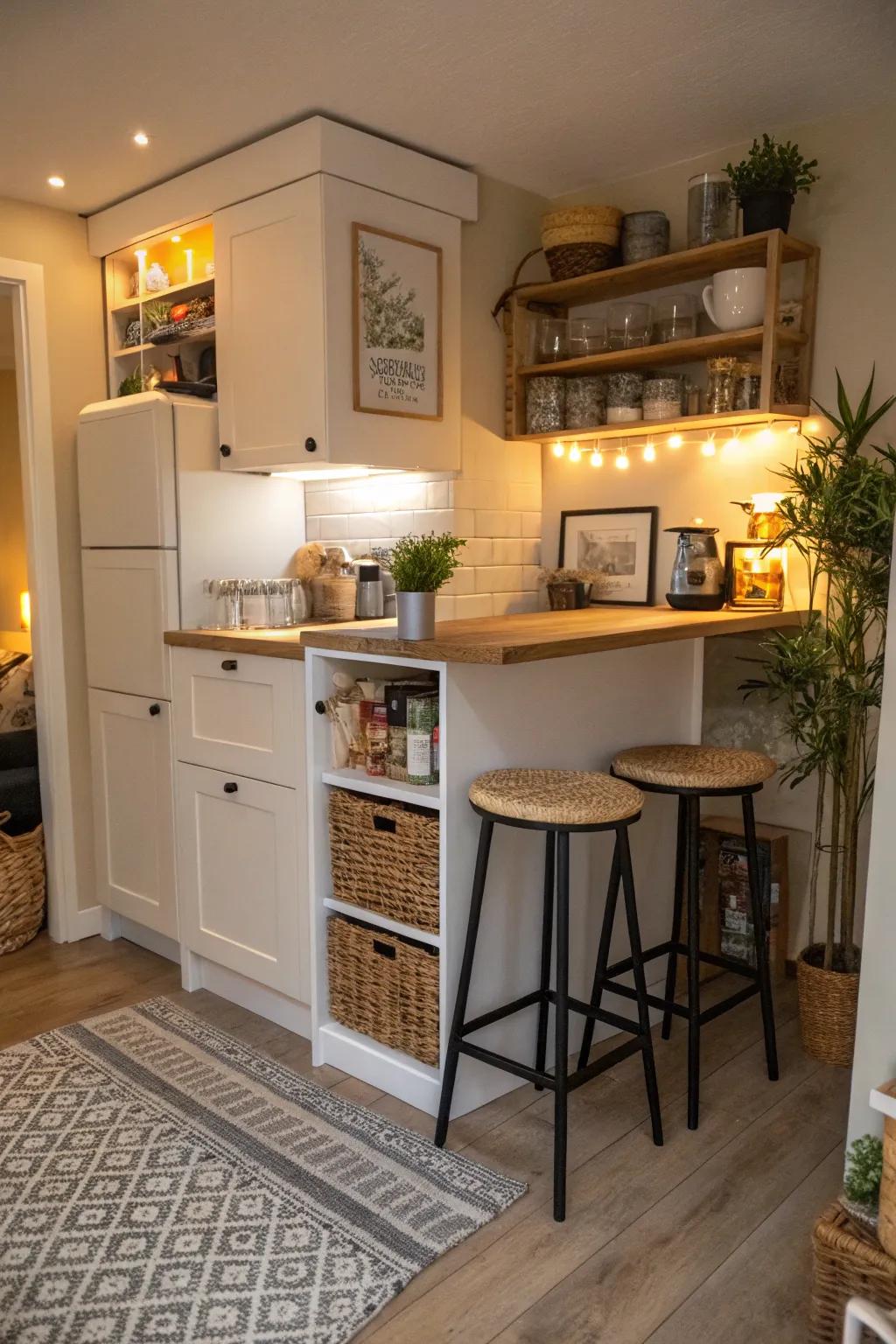 Furnishings with multiple functions make the most of space in a small kitchen.