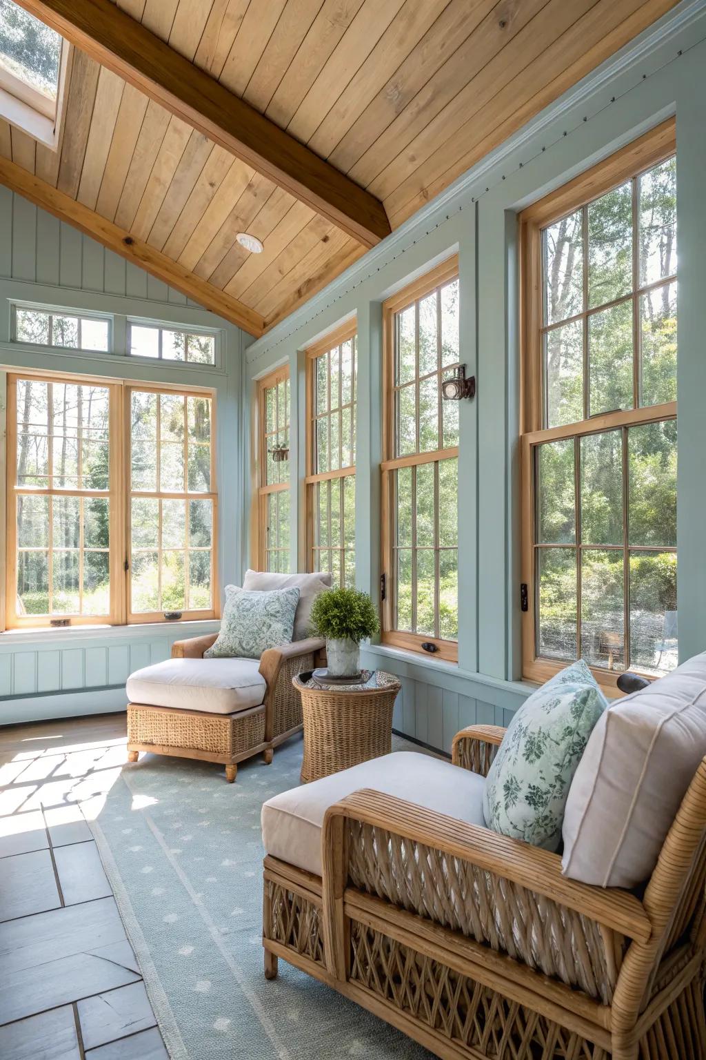Pale blue walls create a tranquil and inviting sunroom atmosphere.