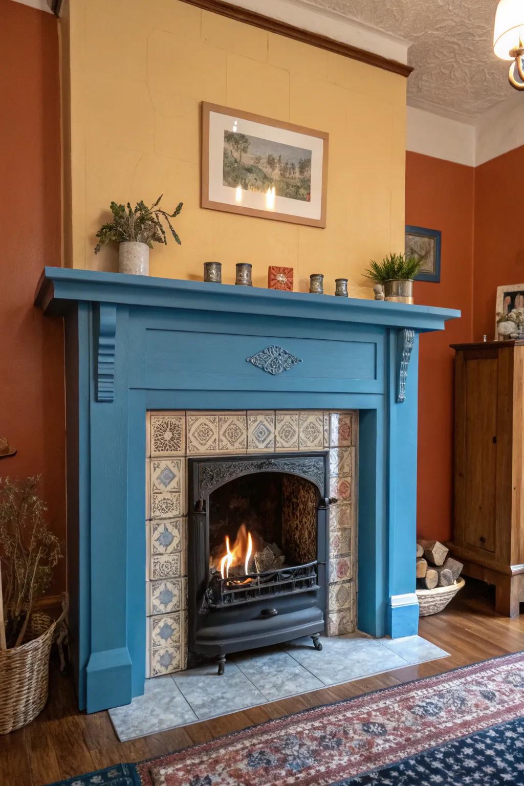 A serene azure mantelpiece makes for a striking contrast.