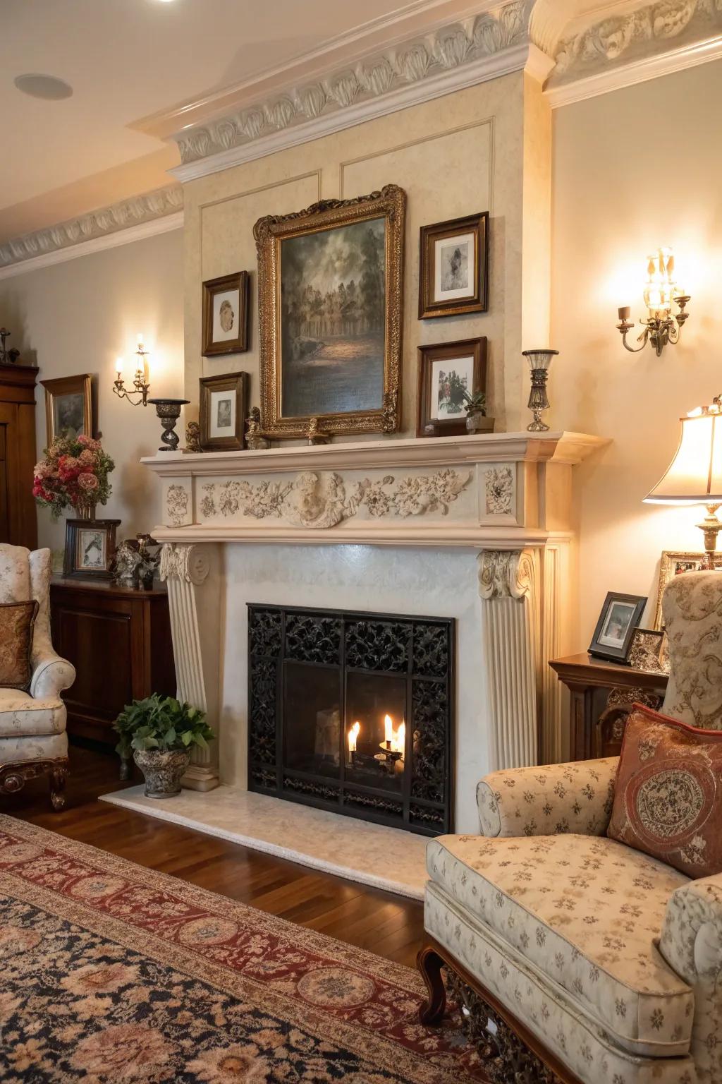 A detailed fireplace mantelpiece functions as the point of convergence in this traditional family room.