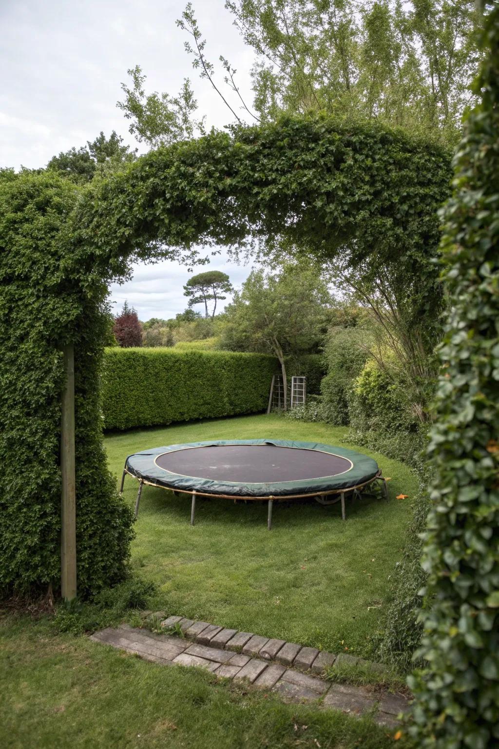 A natural safety perimeter of shrubs encircling a bounce platform.