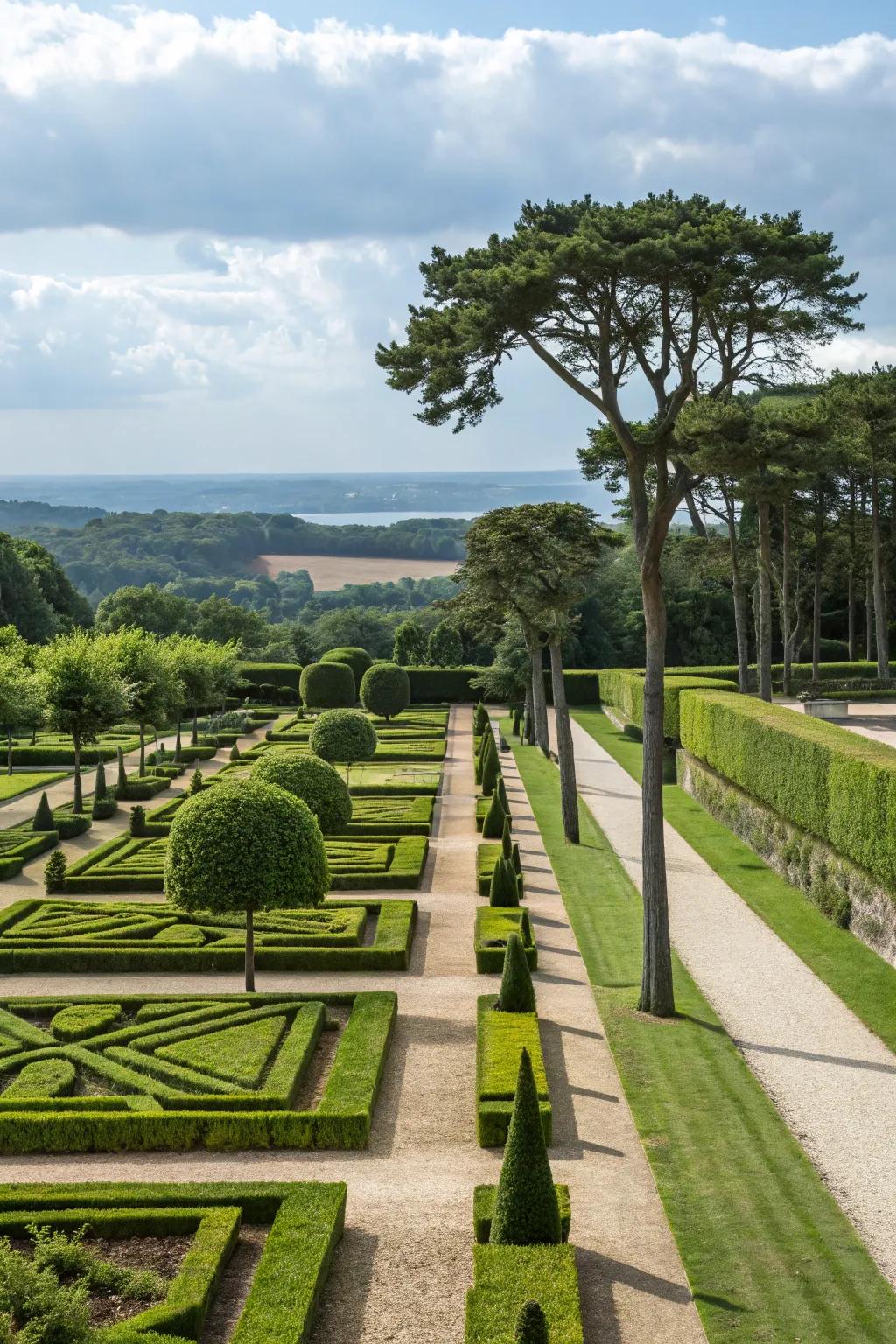 Achieve elegance with trees arranged in formal geometric patterns.