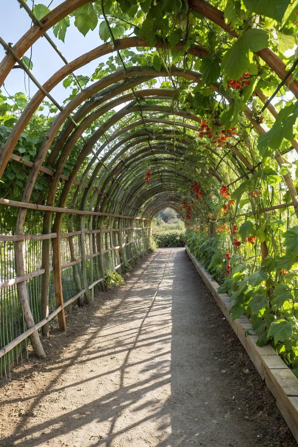 Step into a world of natural wonder with this enchanting bean tunnel—where simplicity meets vibrant beauty!