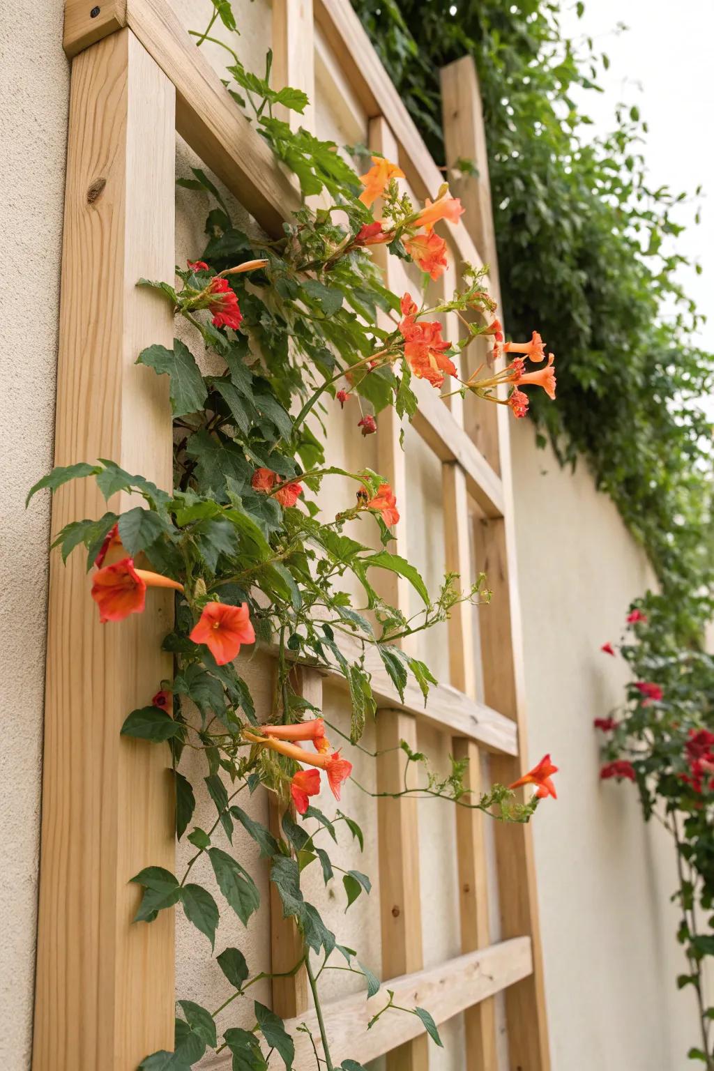 Transform your space into a vibrant living wall with trumpet vines on a minimalist trellis.
