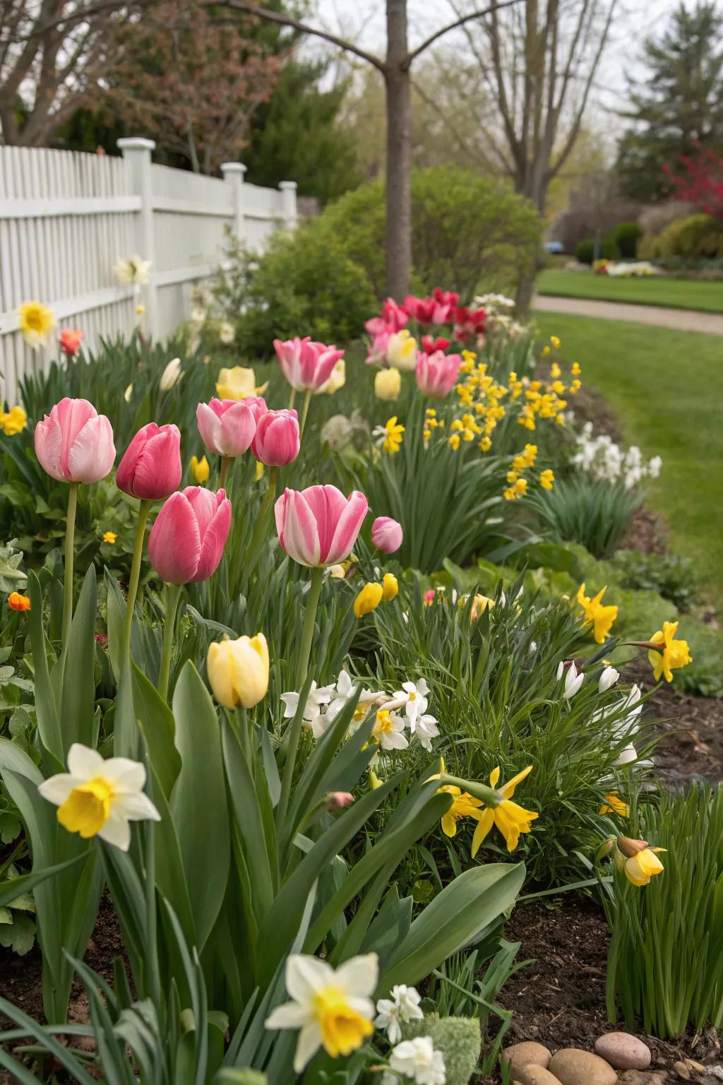 A garden bed showcasing tulips intermingled with daffodils and other spring blooms.