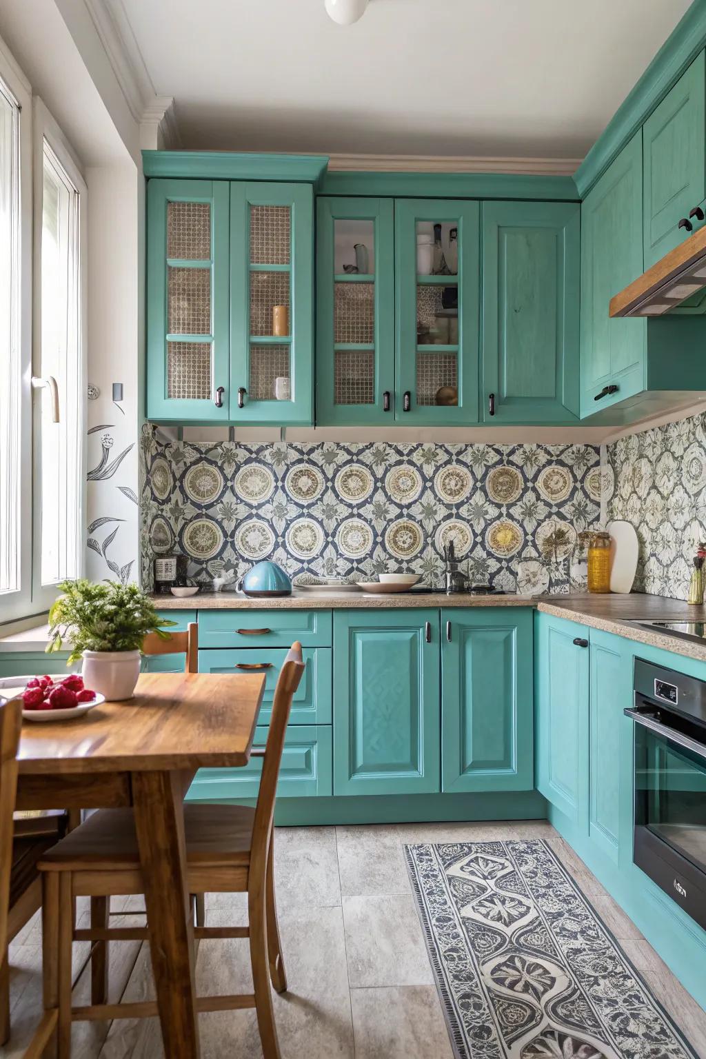 A lively wall splash incorporating texture within a turquoise-themed kitchen.