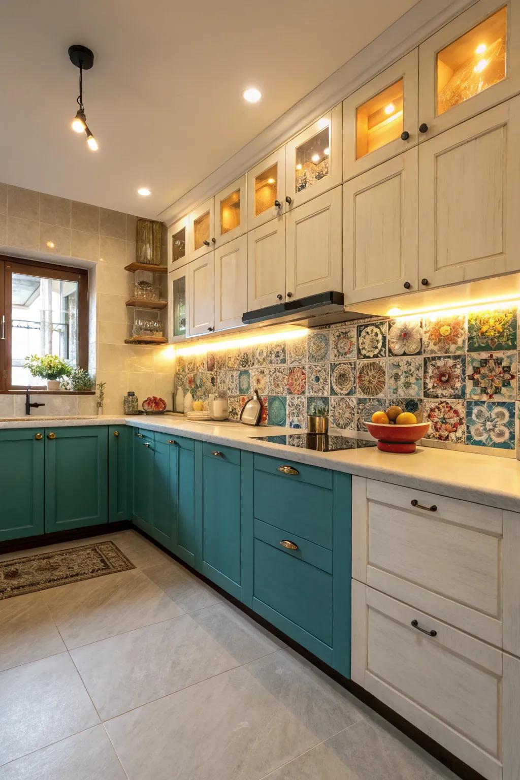 Teal and cream cabinets bring a lively touch to this kitchen.