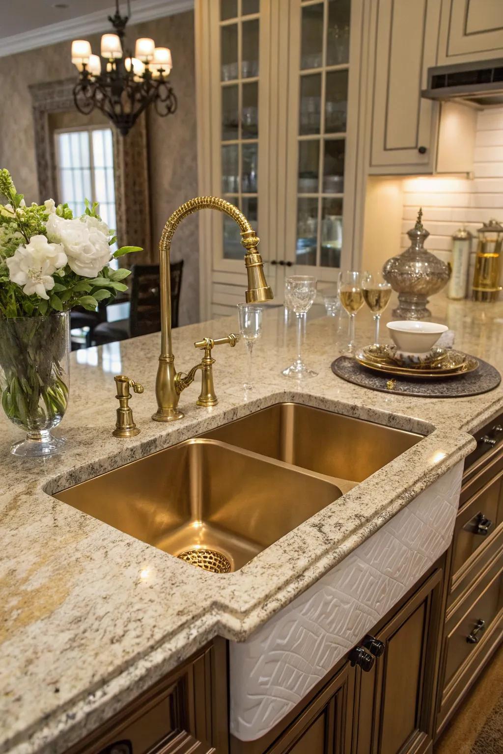 A gold undermount sink making a striking statement in a luxurious kitchen.