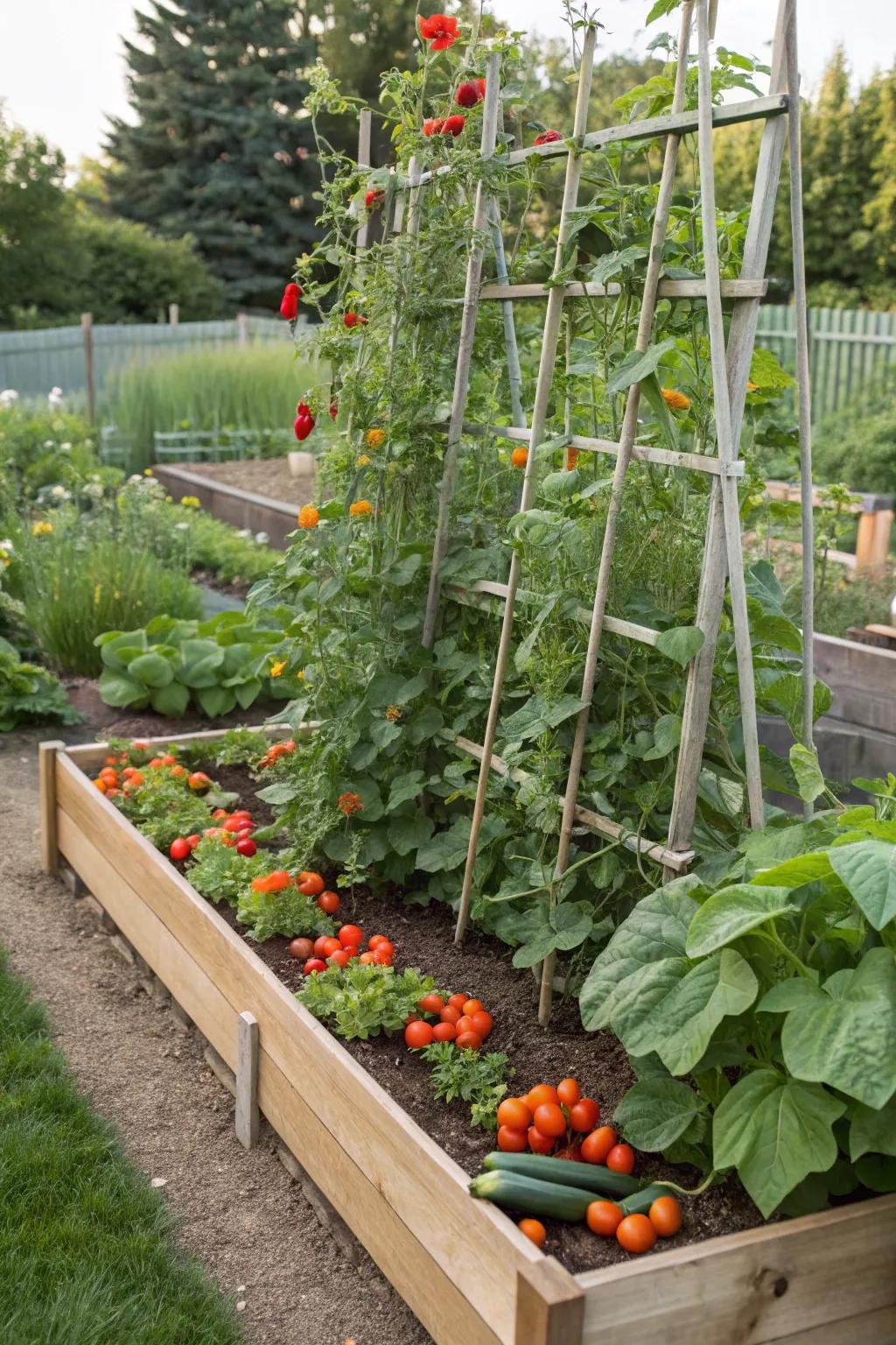 Keep your garden organized with raised beds and trellises.