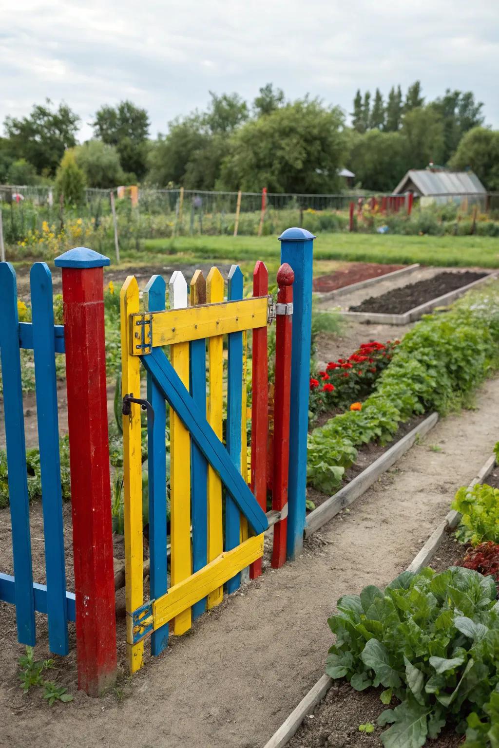 A playful hued gate bringing a sense of happiness to the garden.