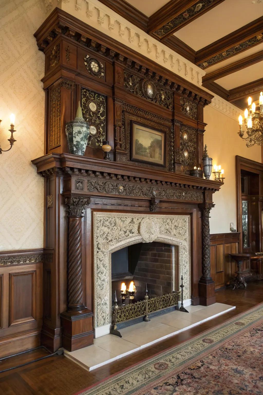 An ornamental fireplace enhances the room's traditional fascination.