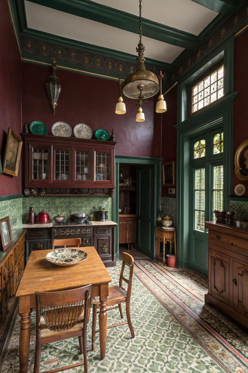 Vibrant era-inspired colors create a cozy and inviting Victorian kitchen.