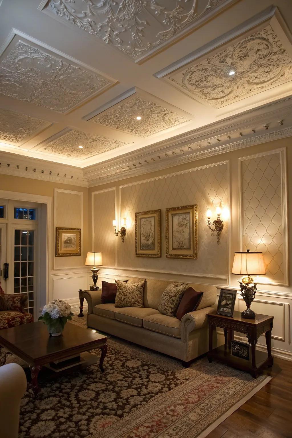 Decorative moldings add historical elegance to this Victorian-style room.