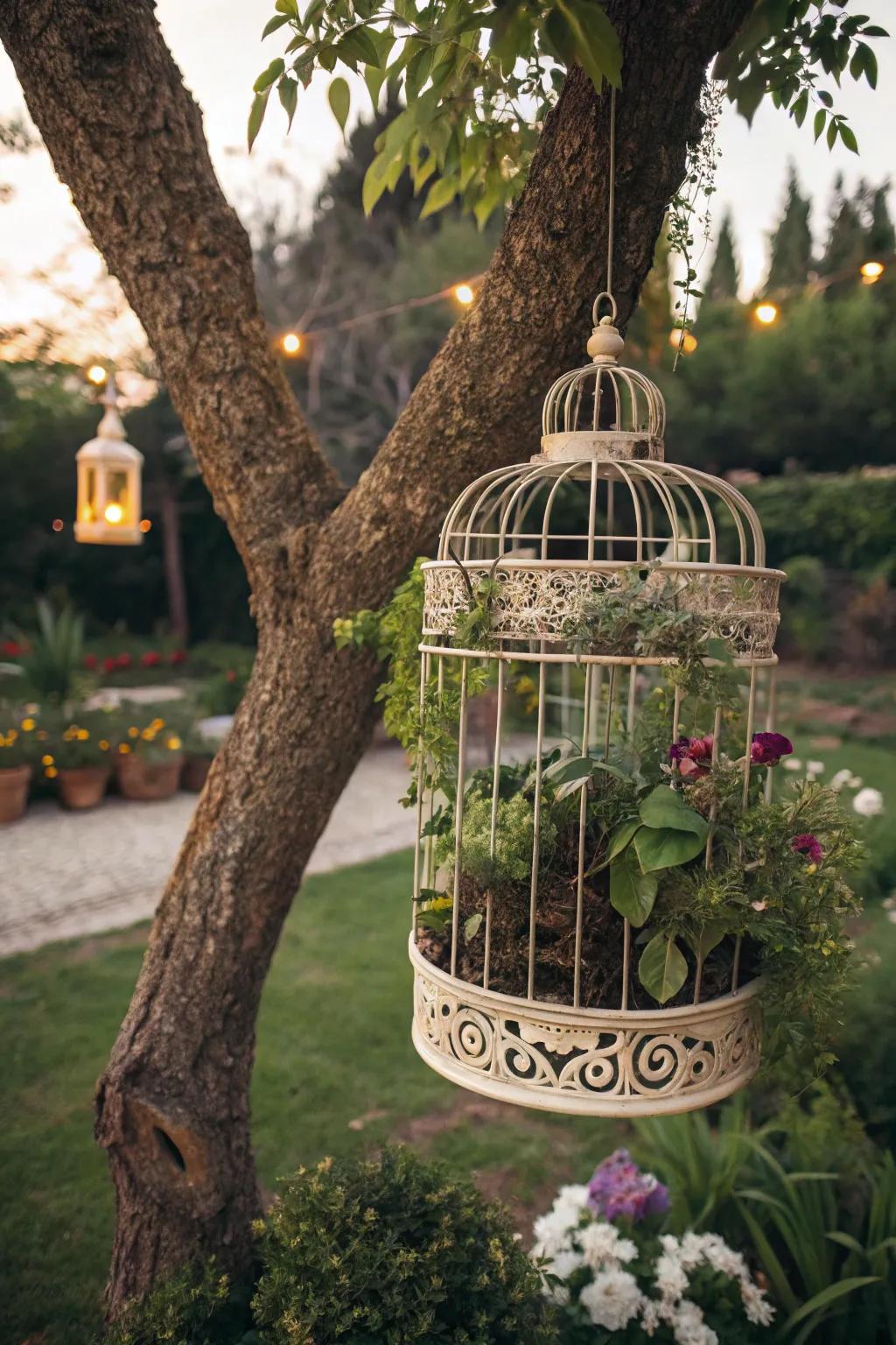Birdcages add a whimsical touch to any garden setting.