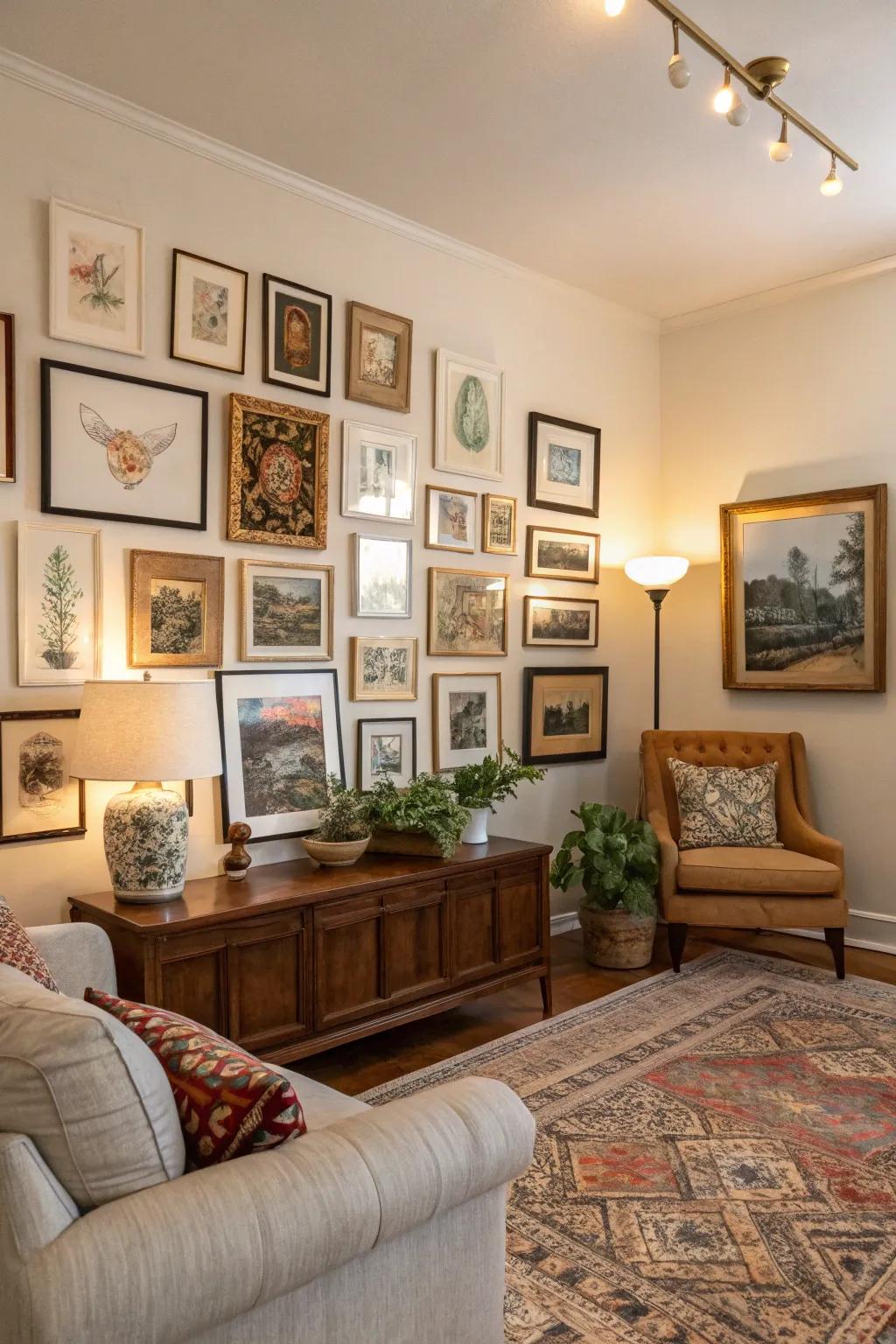 Artwork spanning different eras provides richness and personality to your lounge.