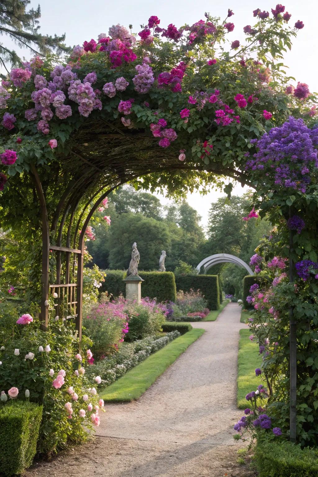 Flowering arches contribute vibrant color and aroma to your garden path.