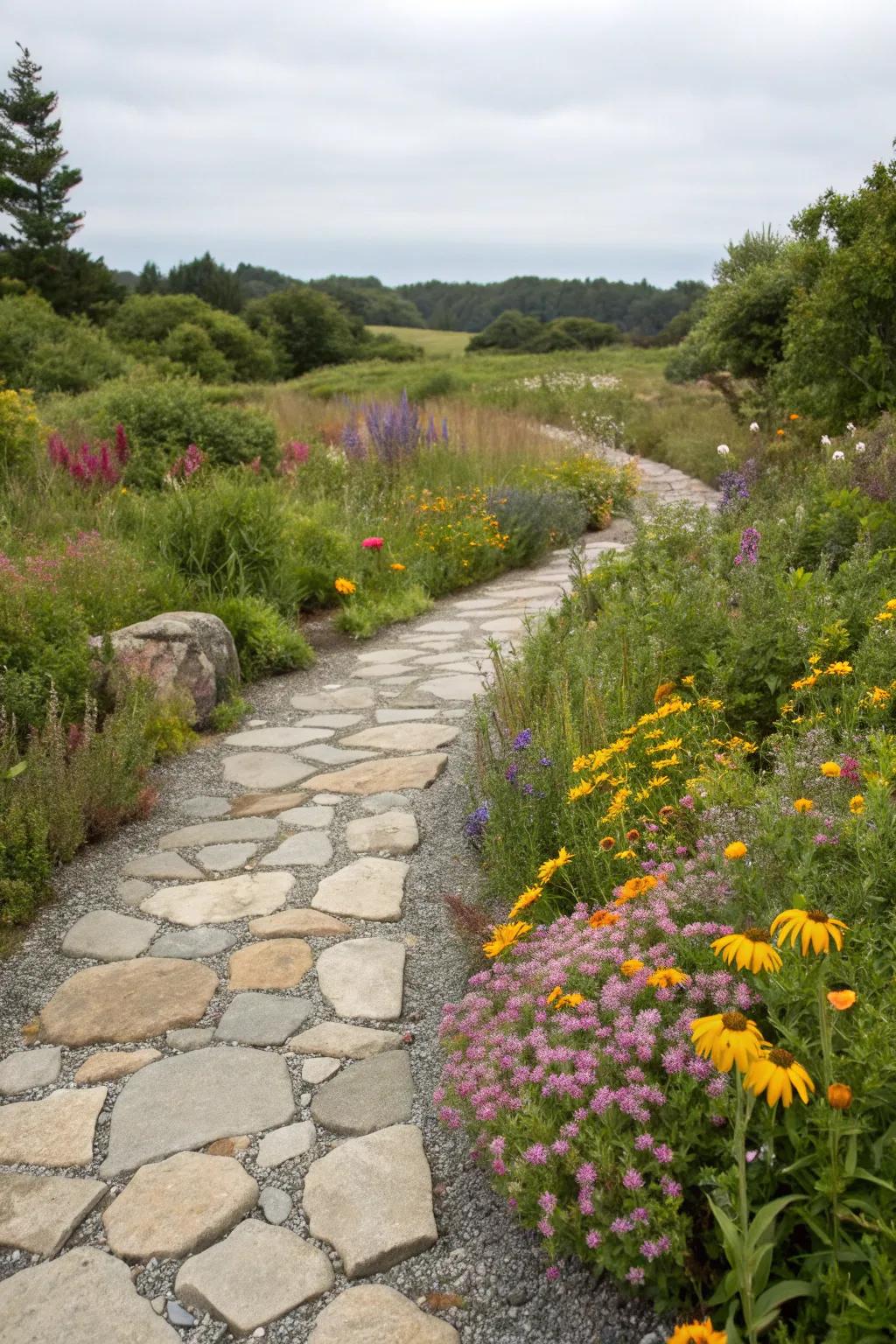 A natural flagstone and gravel walkway that merges harmoniously with its garden surroundings.