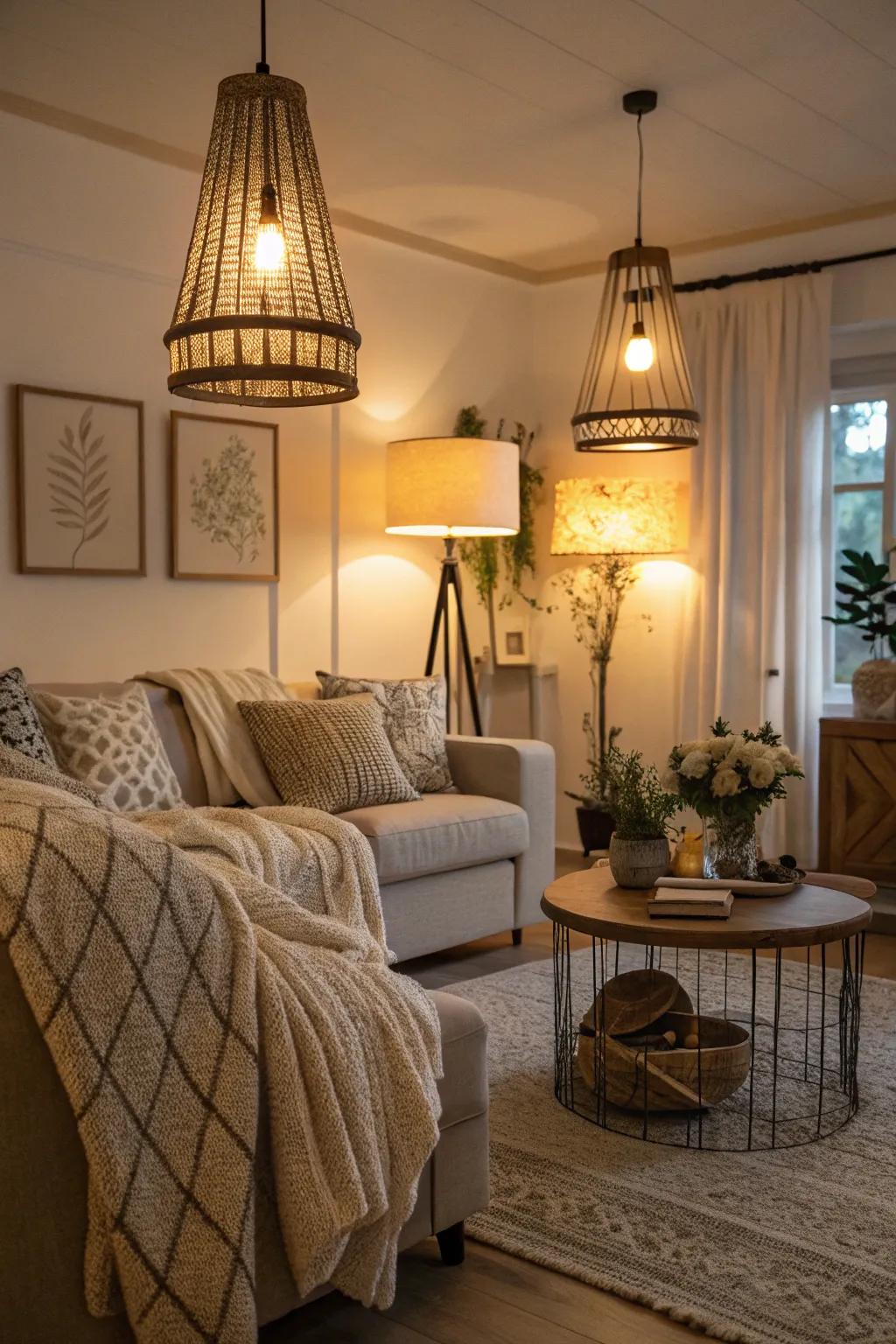 The coziness of a neutral living room is enhanced by warm lighting.