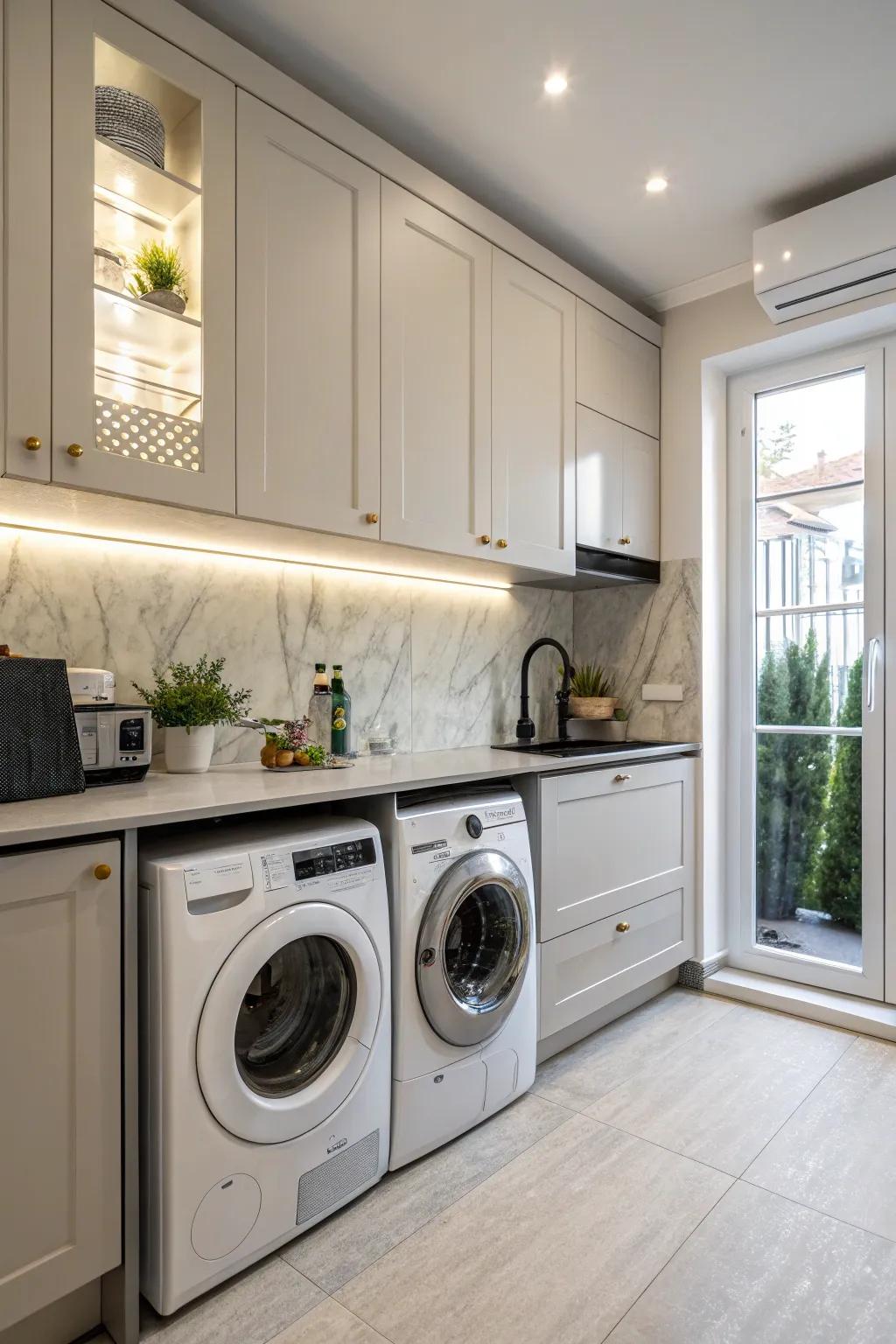A European-inspired kitchen with a space-saving combo washer-dryer.