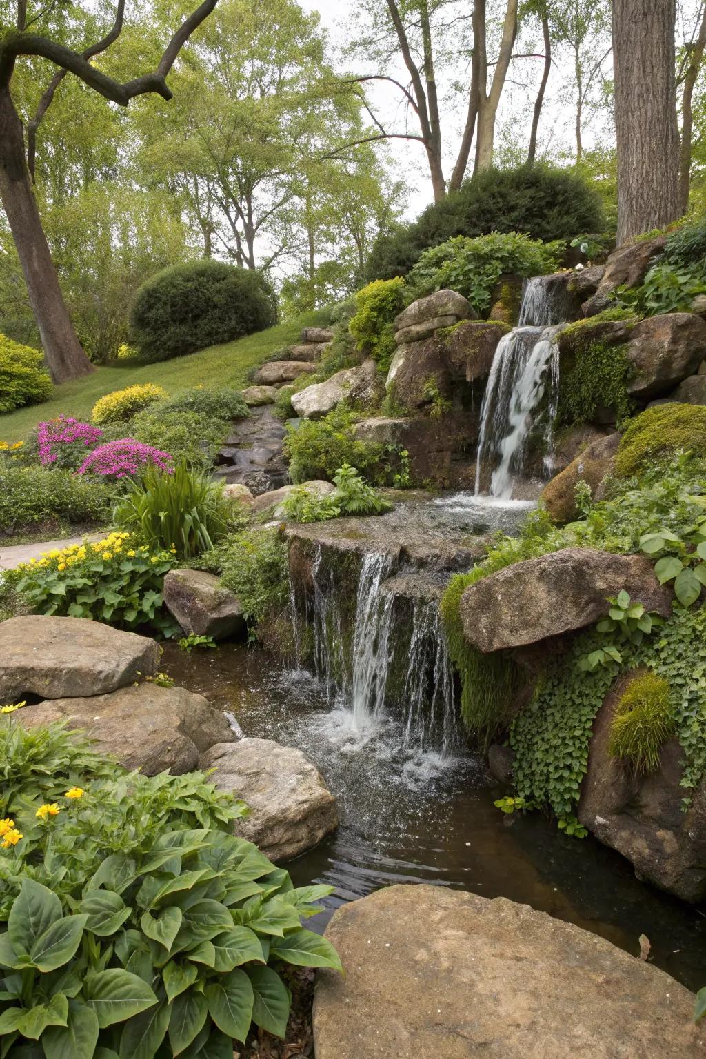 Vibrant cascades introduce movement and soothing sounds, enhancing garden ambiences.