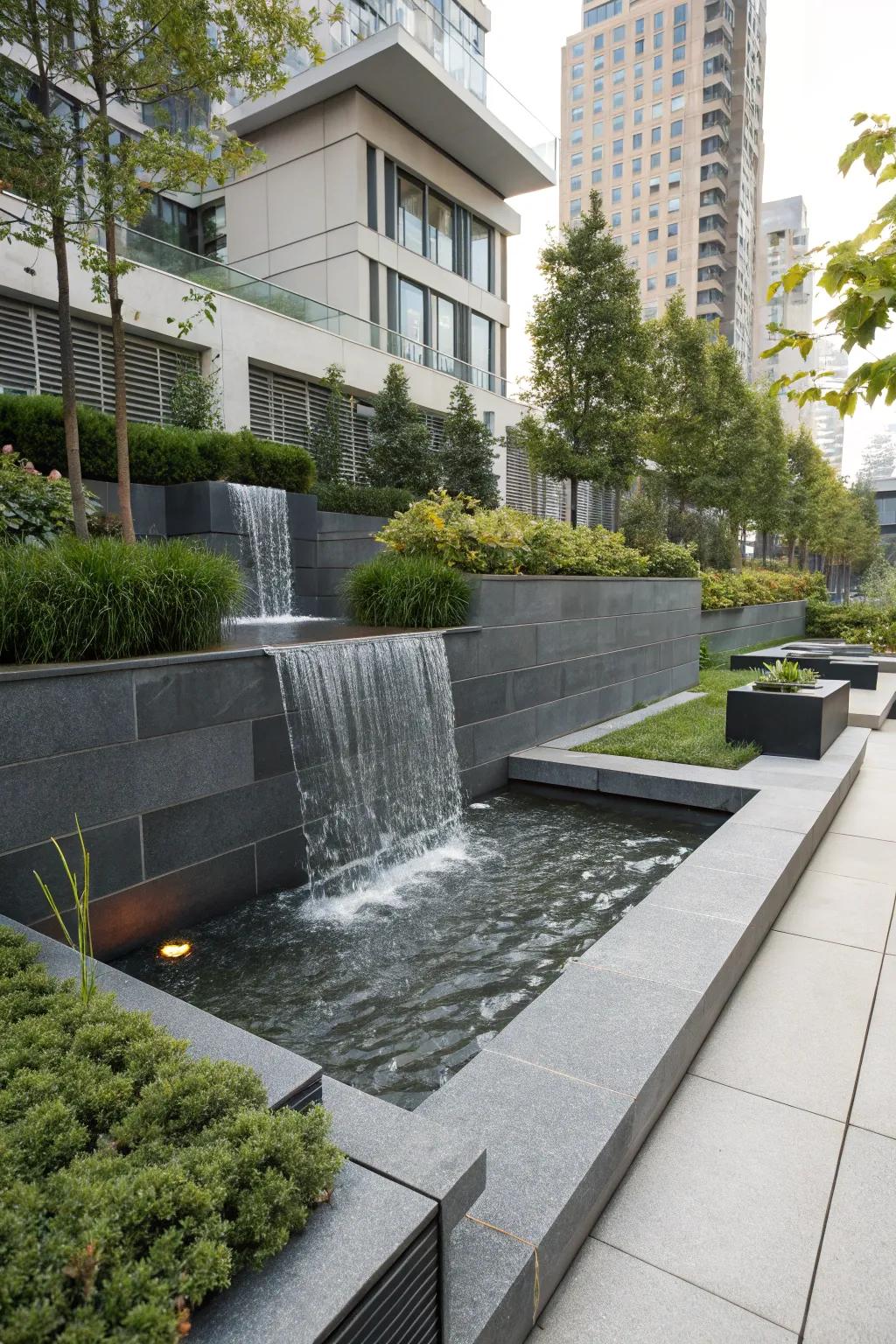 A modern cascade showcasing sleek stones within a city garden.