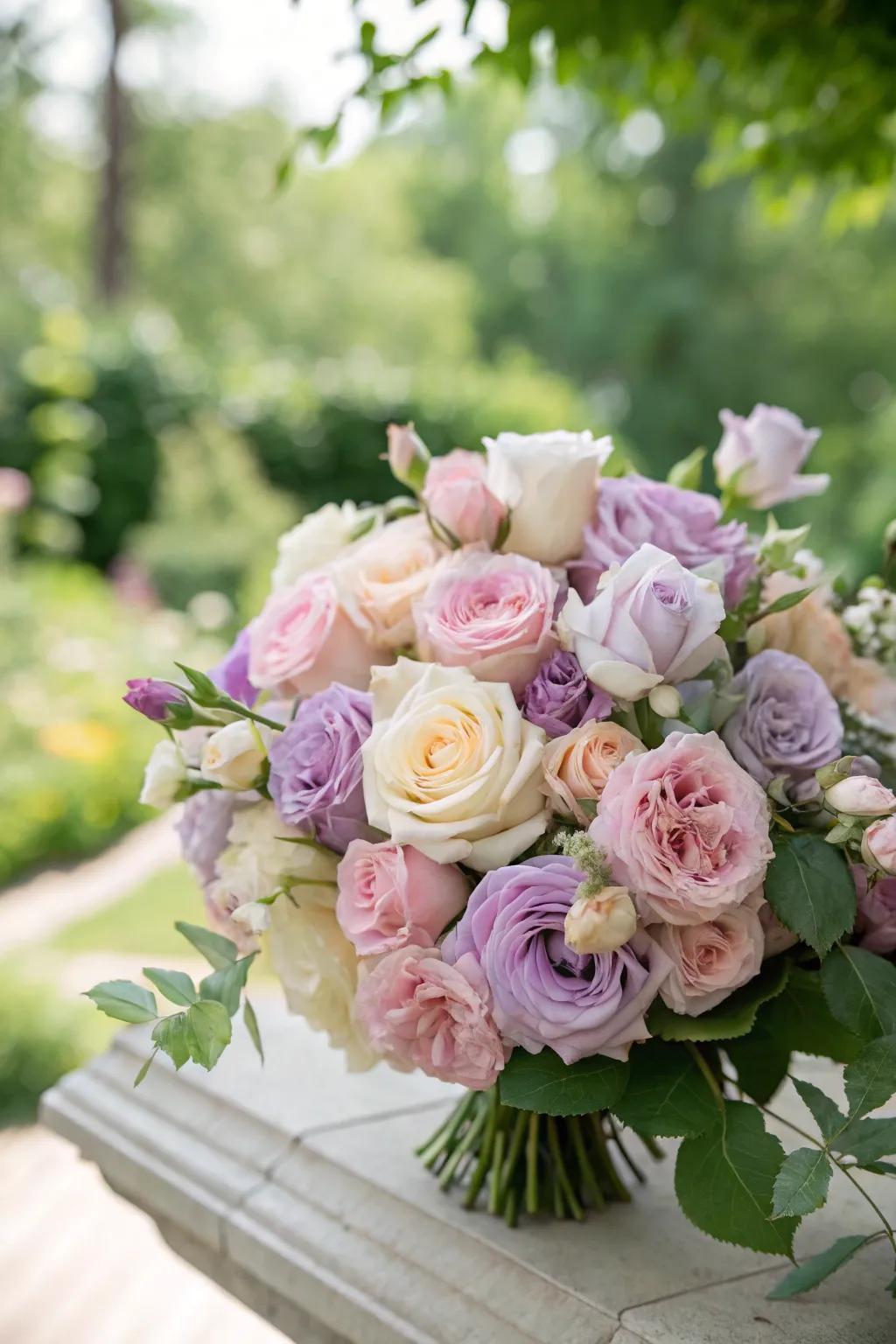 A sentimental garden rose arrangement in gentle pastel tones.