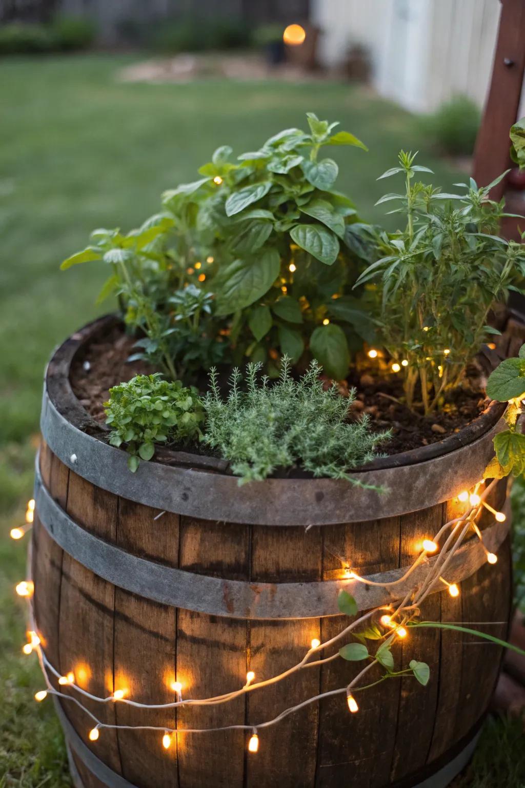 A captivating culinary garden illuminated with string lights for nighttime charm.