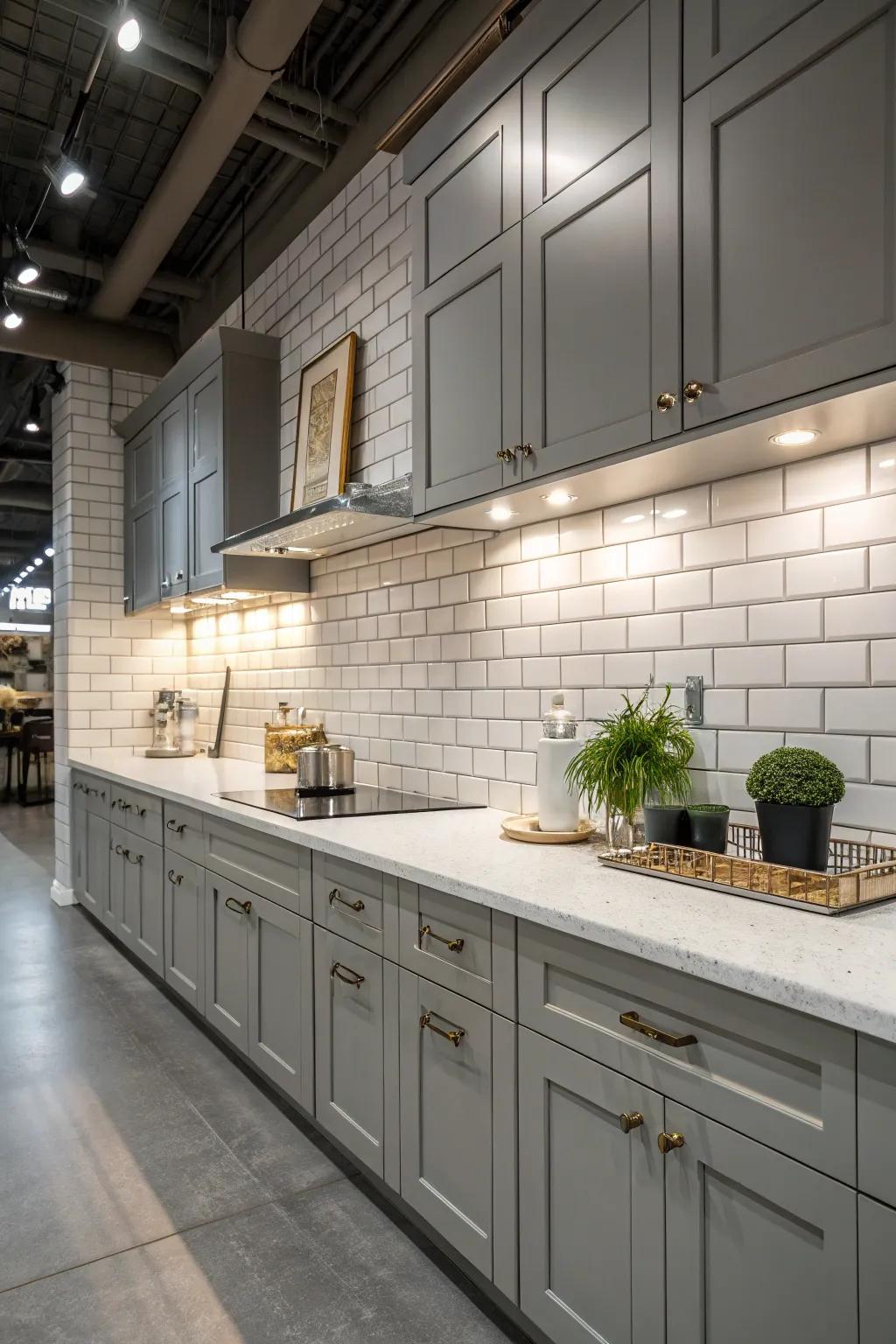 Pristine brick-style panels contribute a timeless element to the kitchen.