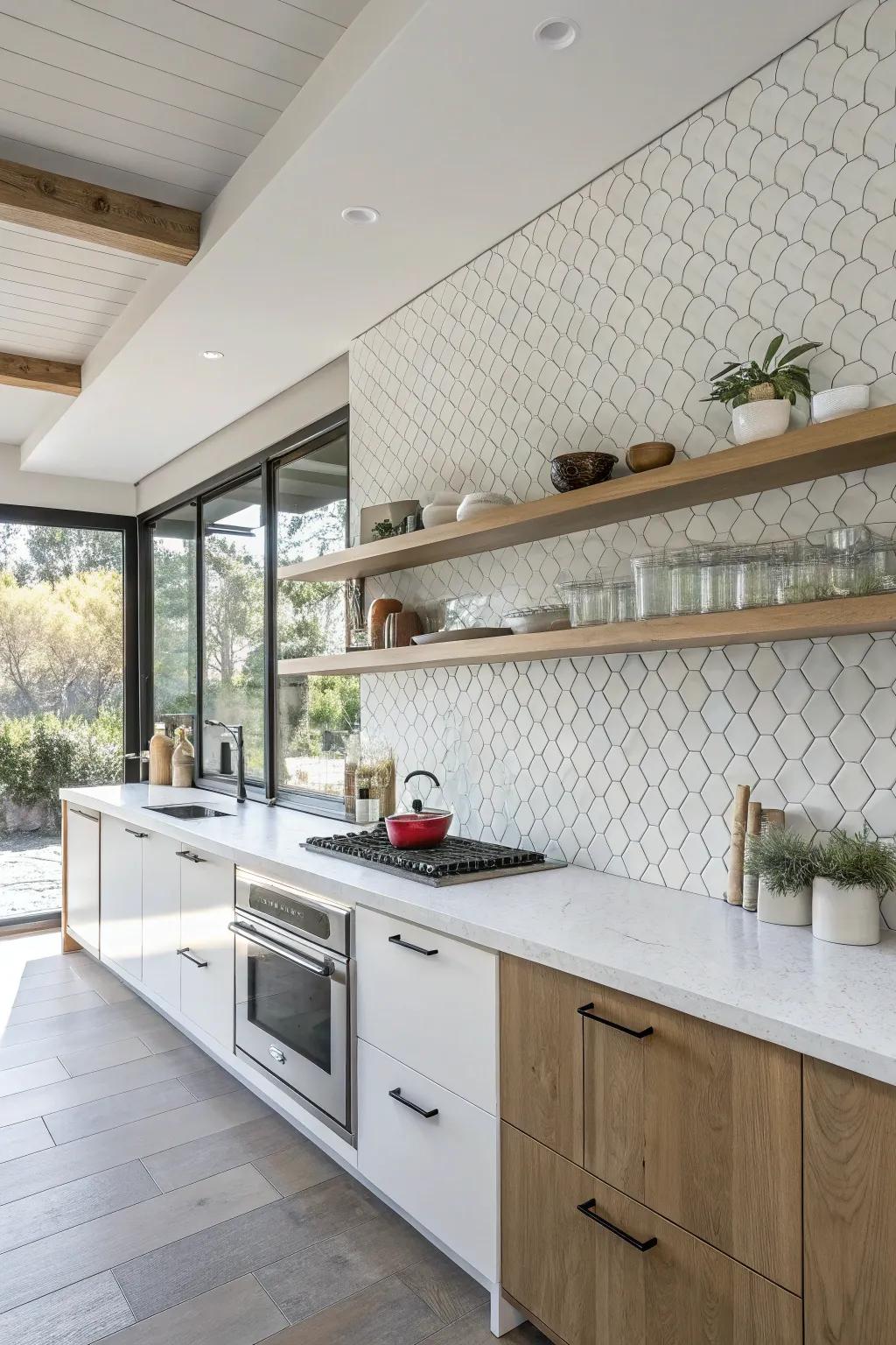 Textured white panels offer a dimensional impression.