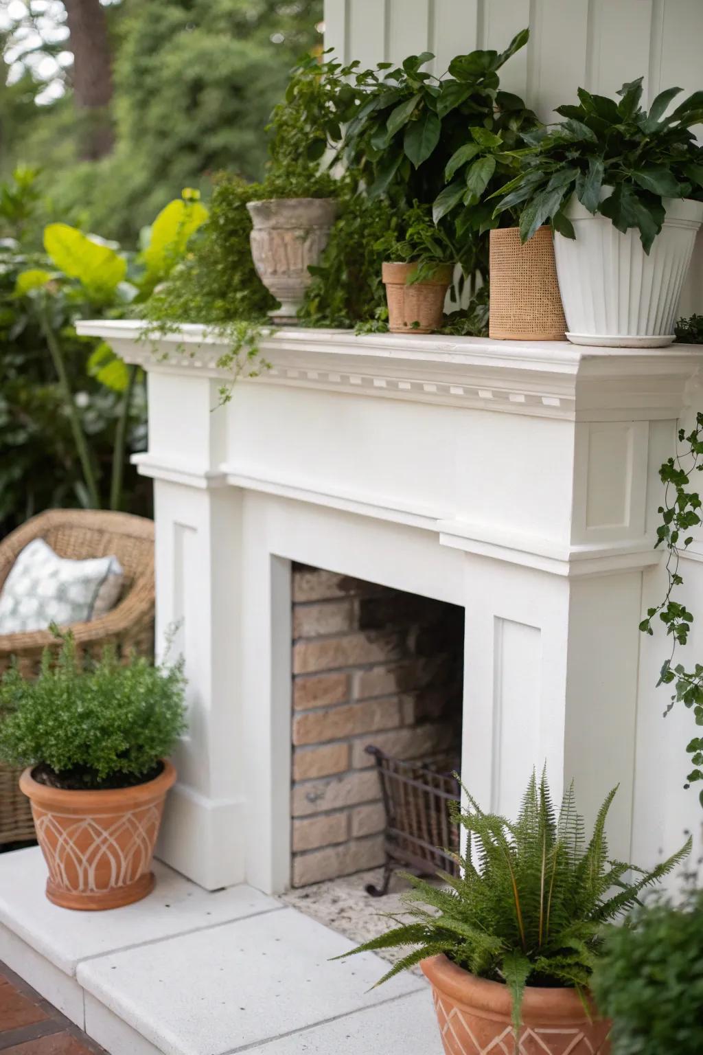 A white firebox beautifully enriched with vibrant verdure.