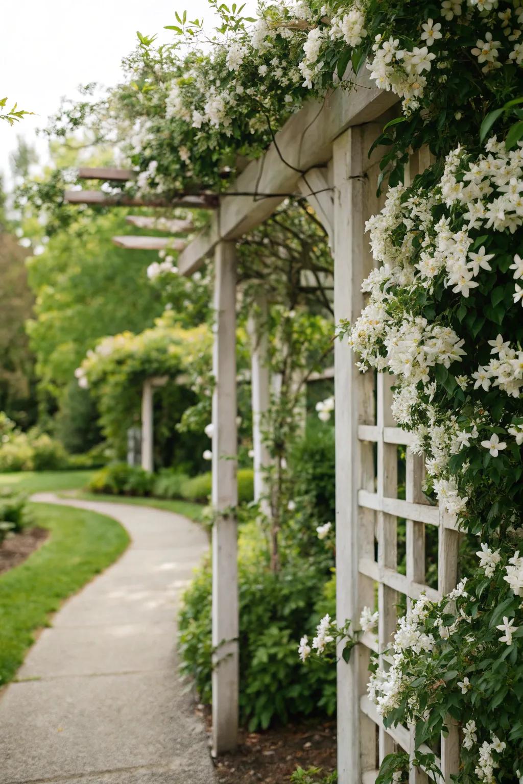 White jasmine cascading over a trellis fills the garden with its lovely aroma.