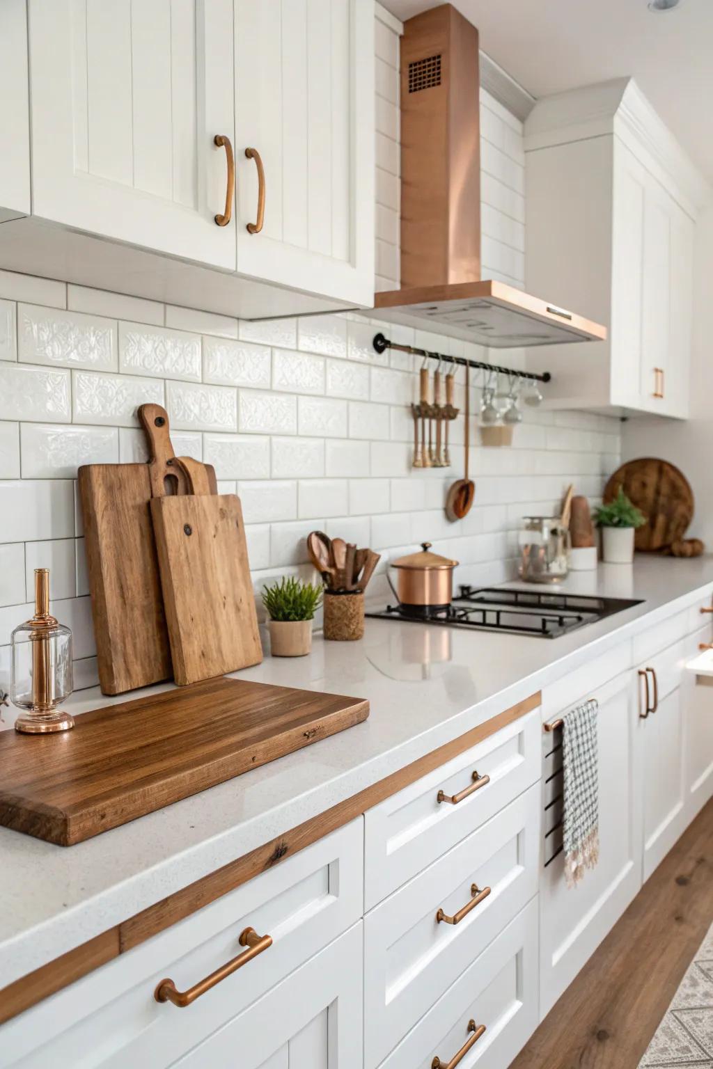 Warm copper fixtures add an antique allure to an ivory kitchen.