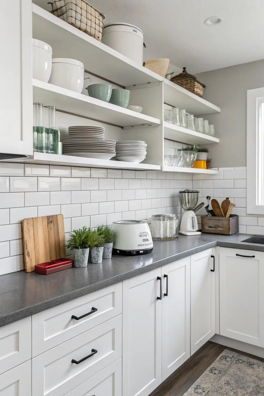 Open shelving enhances the airy feel of this kitchen.