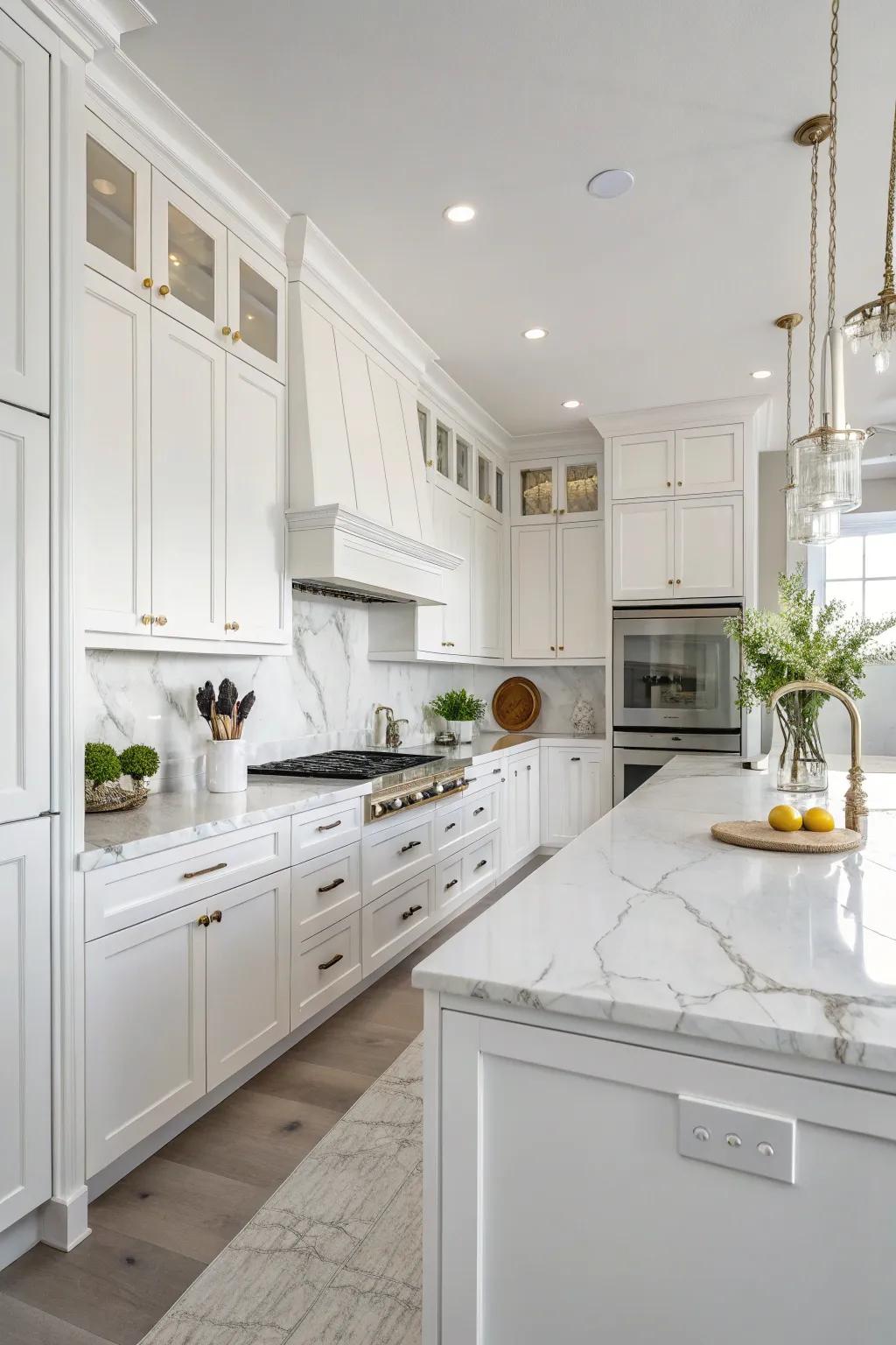 Marble worktops bring elegance and brightness to the kitchen.