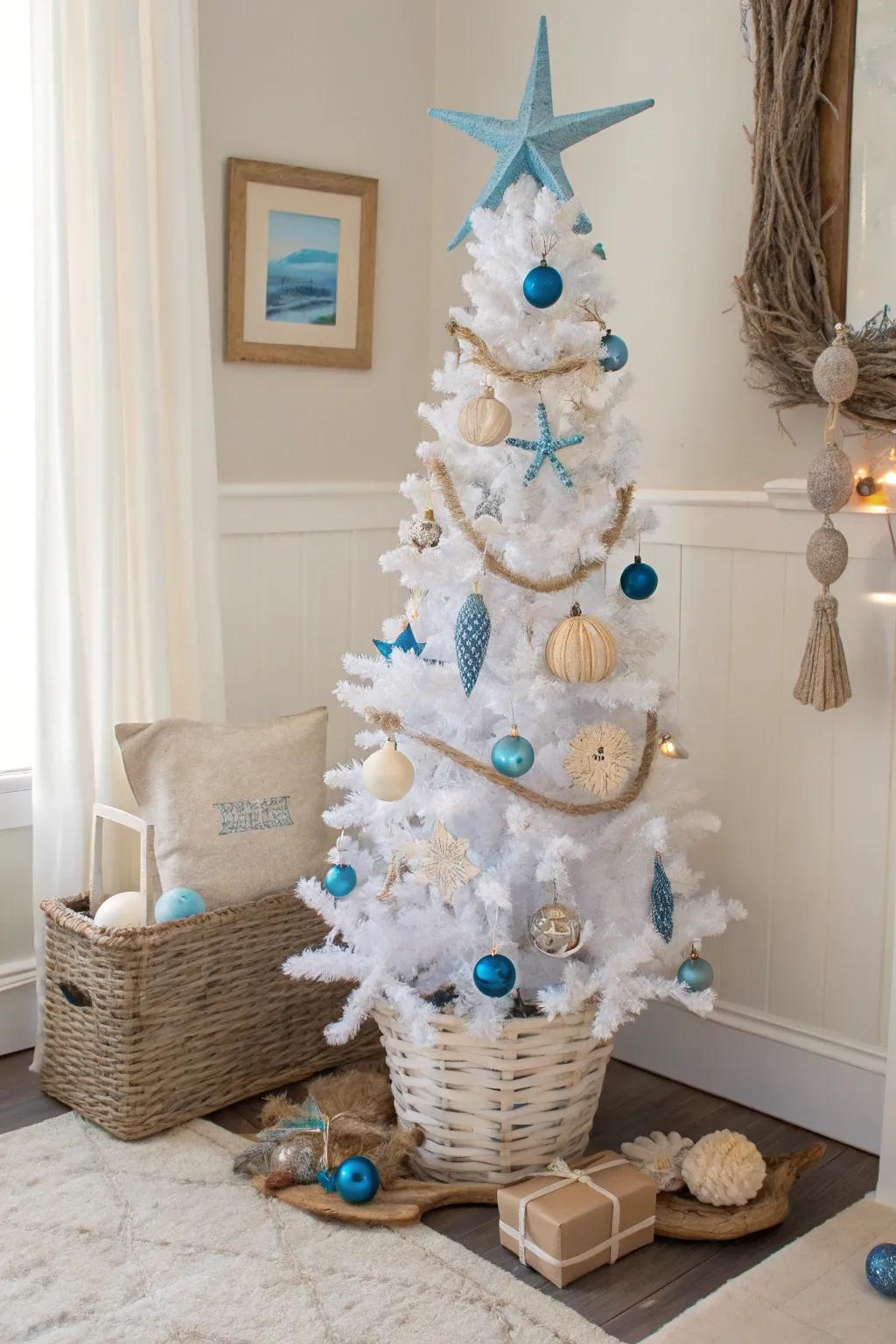 A coastal-themed white pencil tree showcasing seashells and azure highlights.
