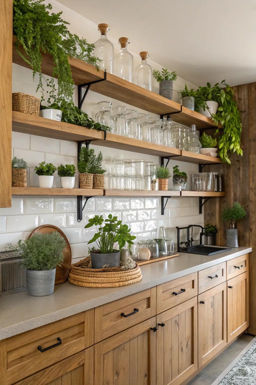 Uncovered shelving improves depth and style in a windowless kitchen.