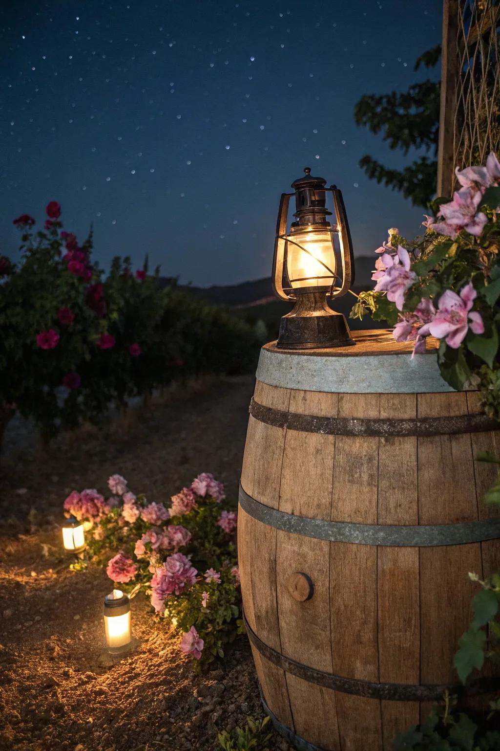 A wine barrel and lantern create a magical garden ambiance.